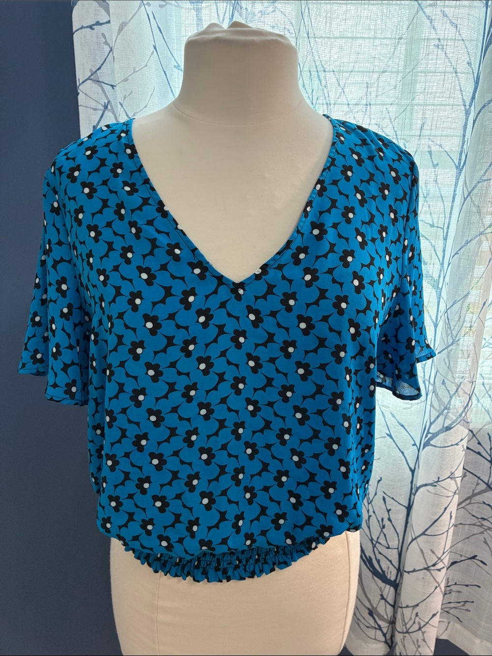 Michael Kors Blue Floral V-Neck Women's Top